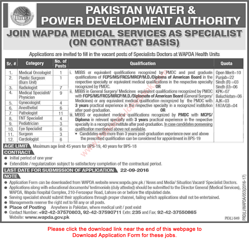 Specialist Doctor Jobs in WAPDA September 2016 Application Form Download at Health Units Latest