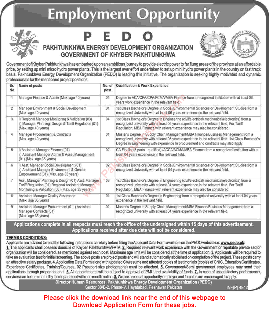 Pakhtunkhwa Energy Development Organization Jobs September 2016 PEDO KPK Application Form Latest