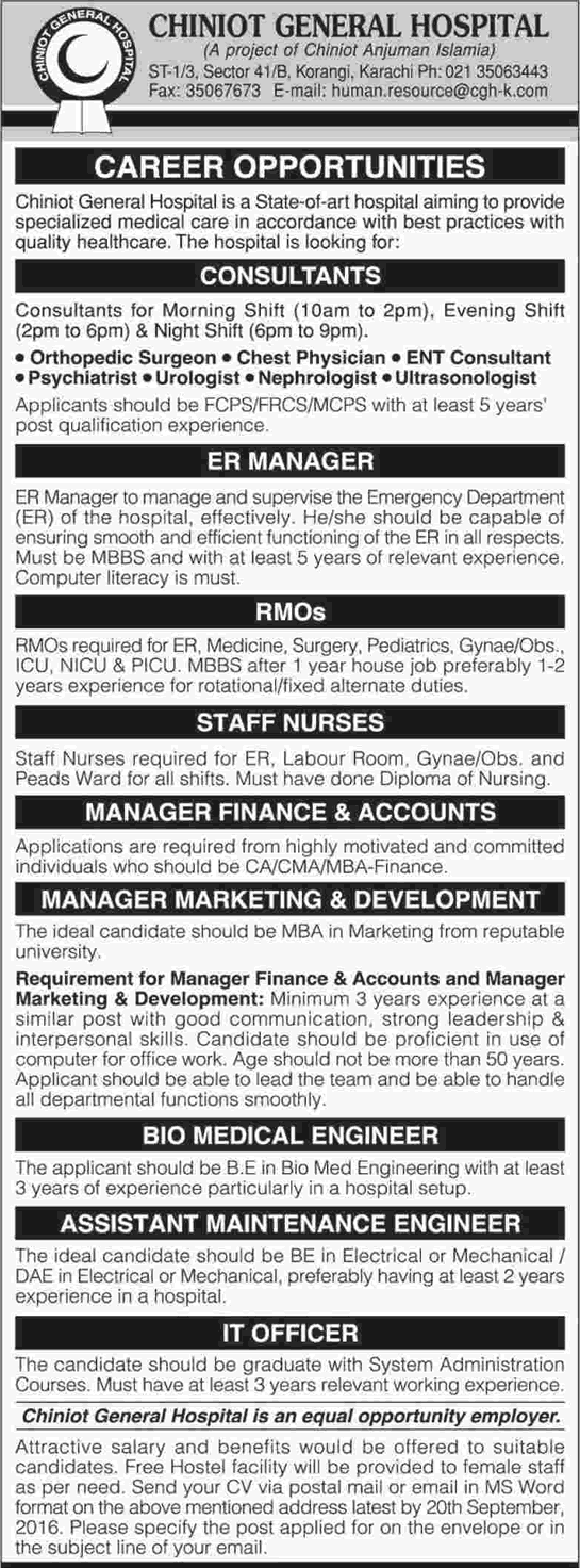 Chiniot General Hospital Karachi Jobs 2016 September Medical Officers, Consultants, Staff Nurses & Others Latest