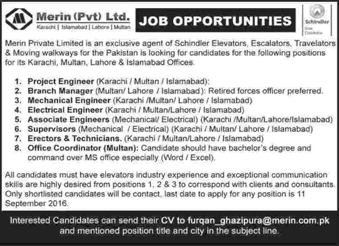 Merin Pvt Ltd Pakistan Jobs 2016 September Electrical / Mechanical Engineers & Others Latest