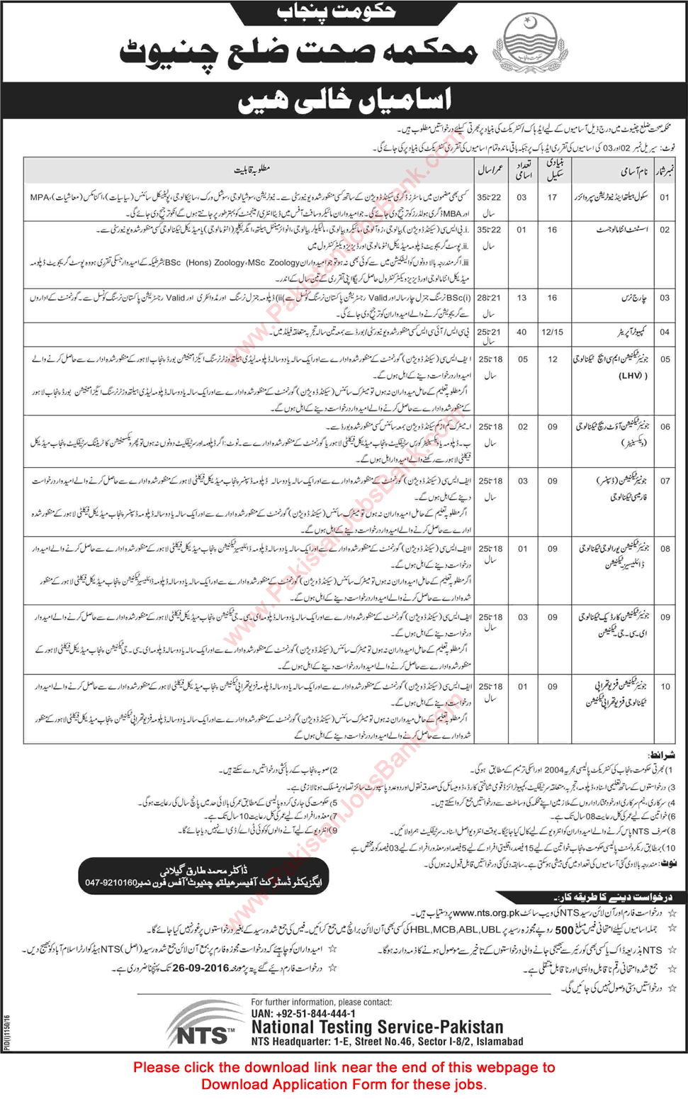 Health Department Chiniot Jobs 2016 September NTS Application Form Computer Operators, Nurses & Others Latest