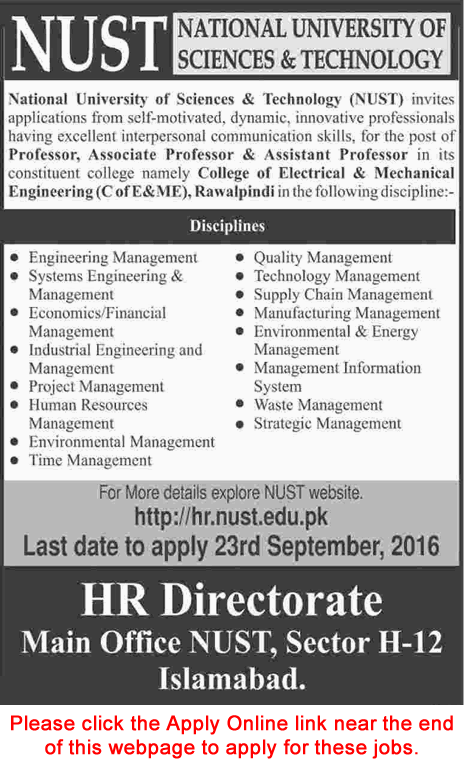 NUST College of Electrical & Mechanical Engineering Rawalpindi Jobs 2016 September Apply Online Teaching Faculty Latest