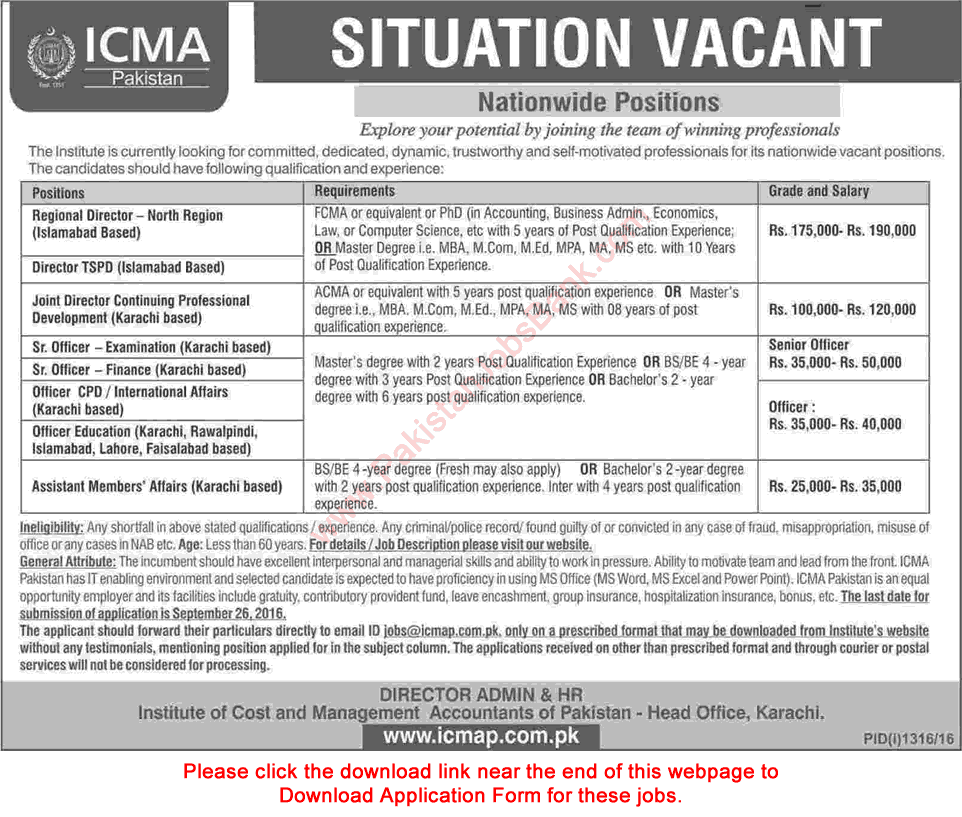 ICMA Pakistan Jobs 2016 September Application Form Education Officers & Others Latest