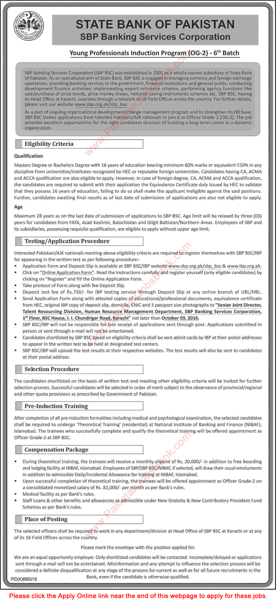 State Bank of Pakistan Young Professionals Induction Program 2016 September Apply Online 6th Batch Latest