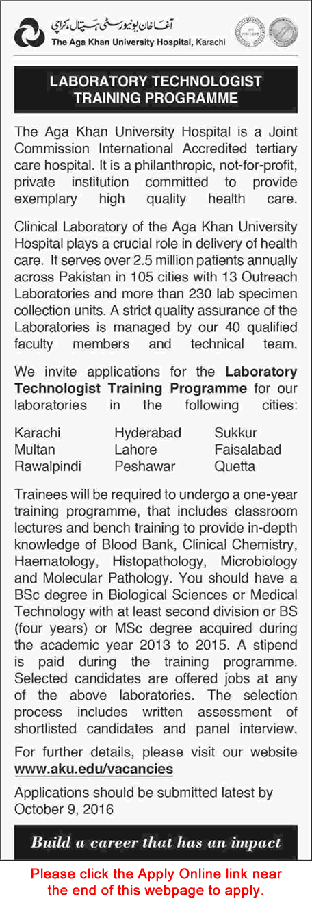 Aga Khan University Hospital Laboratory Technologist Training Program 2016 September Apply Online Latest