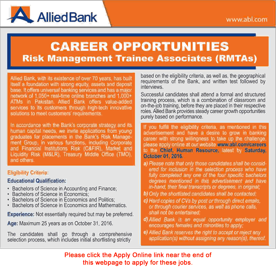 Risk Management Trainee Associates Jobs in Allied Bank September 2016 Apply Online RMTA Latest