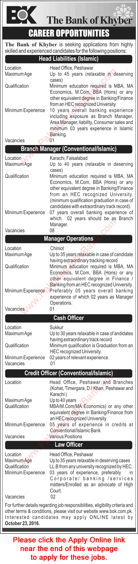 Bank of Khyber Jobs October 2016 Apply Online Credit Officers, Branch Managers & Others BOK Latest