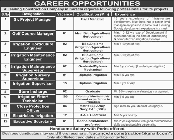 Construction Company Jobs in Karachi October 2016 Irrigation Fitters / Technicians, Electricians & Others Latest