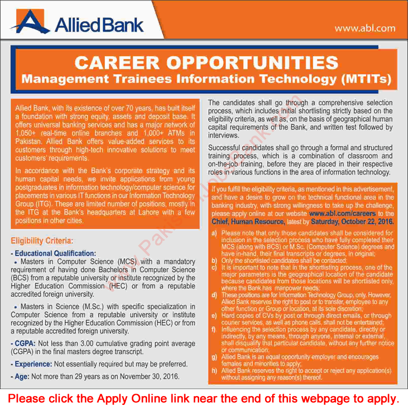 Allied Bank Management Trainee Information Technology Jobs October 2016 Apply Online ABL MTIT IT Latest