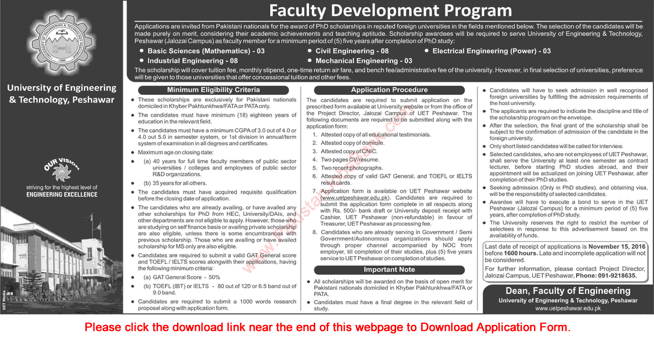 UET Peshawar Faculty Development Program 2016 October PhD Scholarships in Abroad Application Form Latest