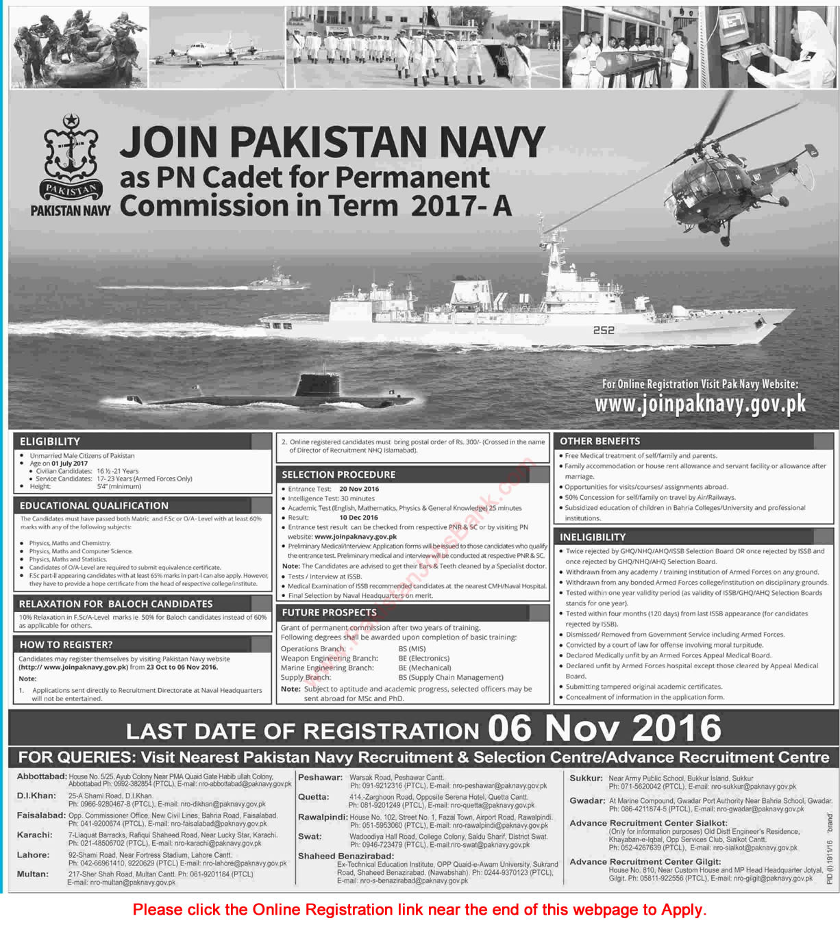 Join Pakistan Navy as PN Cadet October 2016 Online Registration for Permanent Commission in Term 2017-A Latest