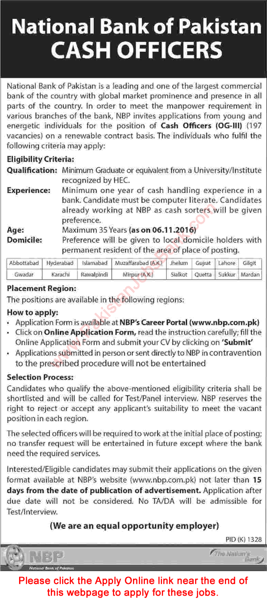 National Bank of Pakistan Jobs October 2016 NBP Cash Officers Apply Online Latest / New