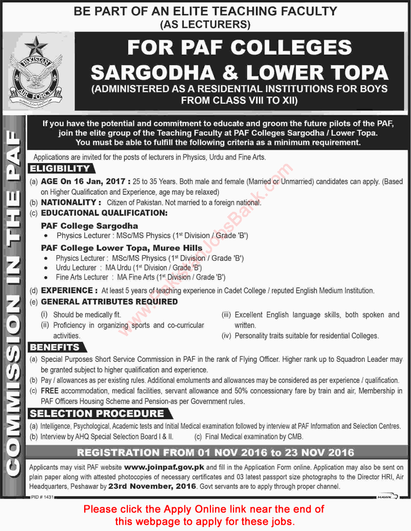 PAF Colleges Sargodha & Lower Topa Jobs October 2016 November Lecturers Apply Online Latest