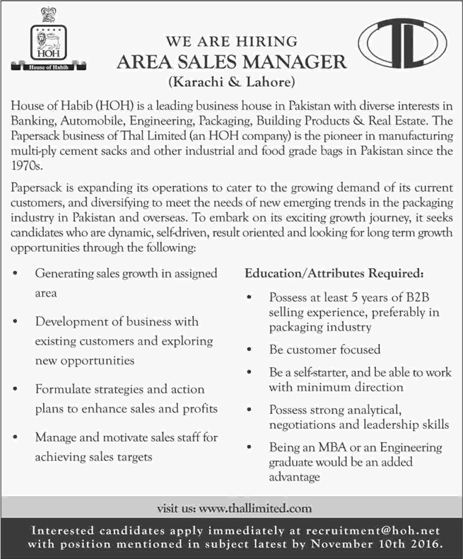 Area Sales Manager Jobs in House of Habib Karachi / Lahore 2016 October / November Latest