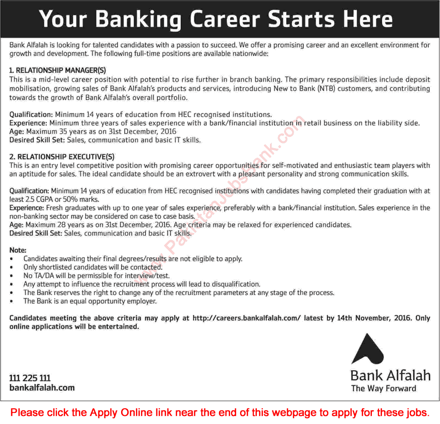 Bank Alfalah Jobs November 2016 Apply Online Relationship Executives & Managers Latest