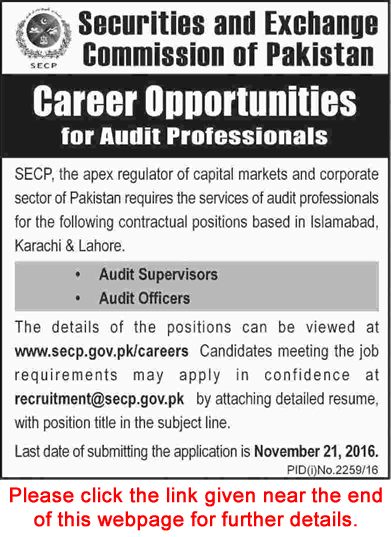 SECP Jobs November 2016 Audit Officers & Supervisors Securities and Exchange Commission of Pakistan Latest