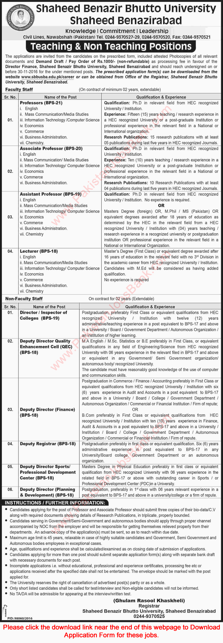 Shaheed Benazir Bhutto University Shaheed Benazirabad Jobs November 2016 Application Form Latest