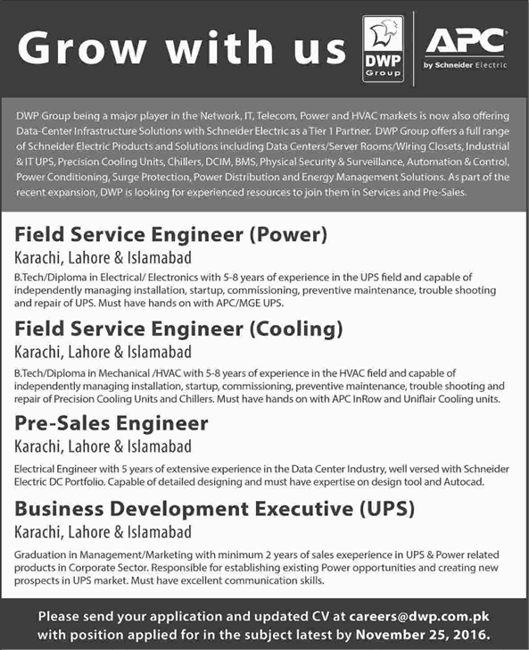 DWP Group Pakistan Jobs November 2016 Field Service / Sales Engineers & Business Development Executives Latest
