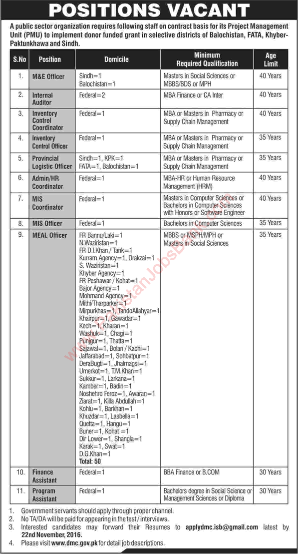 Ministry of National Health Services Jobs November 2016 DMC MEAL Officers, Logistic Officers & Others Latest