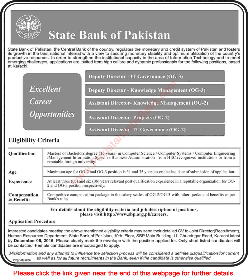 State Bank of Pakistan Jobs November 2016 Karachi SBP Assistant & Deputy Directors Latest