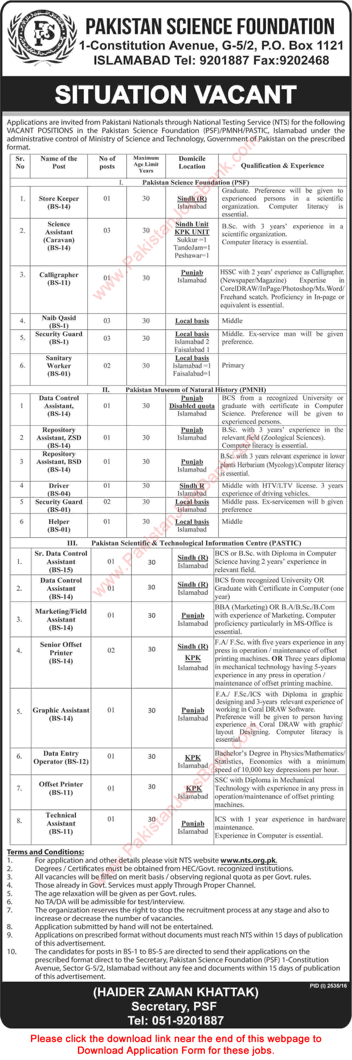 Pakistan Science Foundation Jobs November 2016 NTS Application Form PSF / PMNH / PASTIC Latest