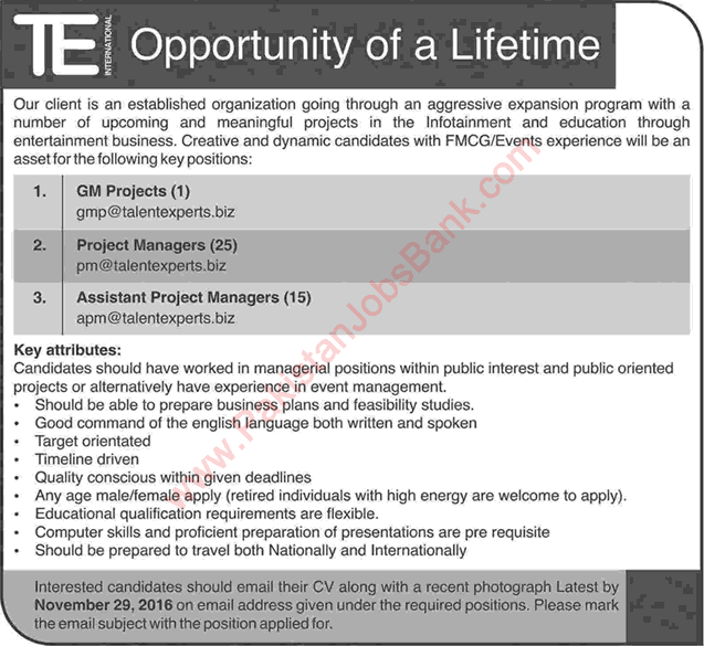 Talent Experts International Pakistan Jobs 2016 November for Project Managers Latest