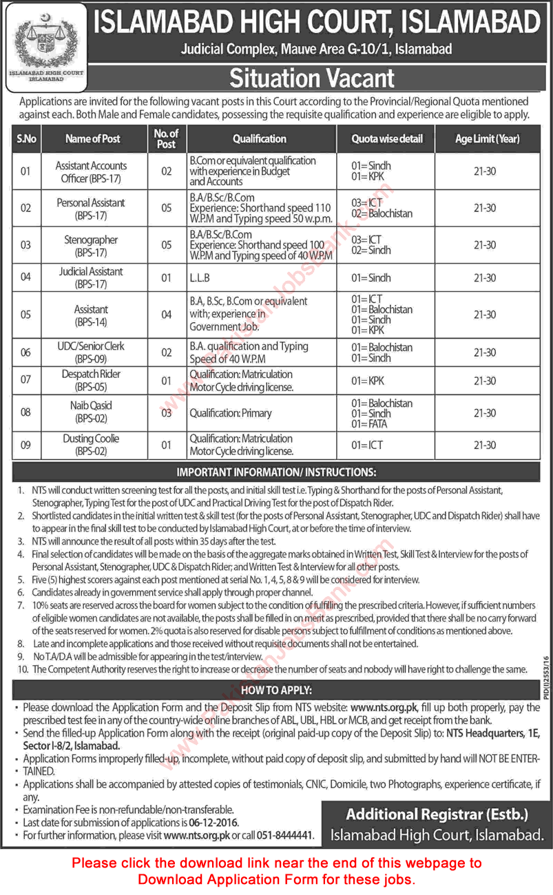 Islamabad High Court Jobs 2016 November NTS Application Form Stenographers, Personal Assistants & Others Latest