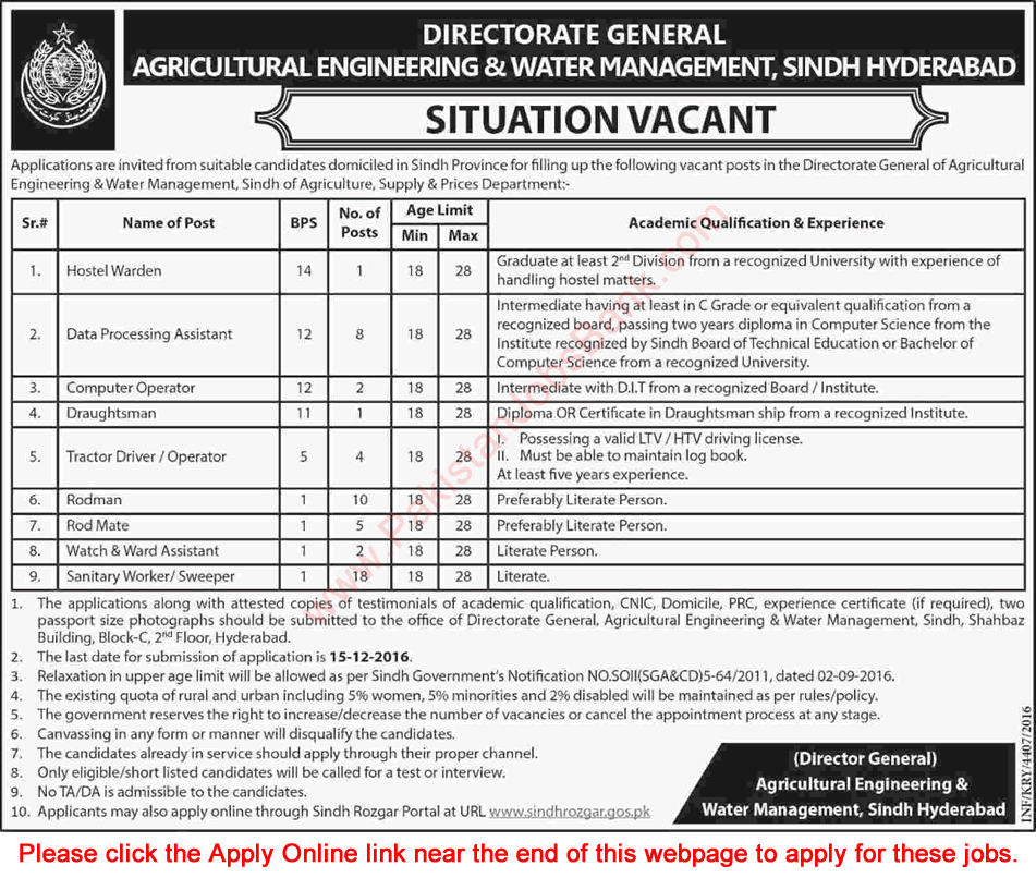 Agriculture Engineering and Water Management Sindh Jobs 2016 November / December Apply Online Latest