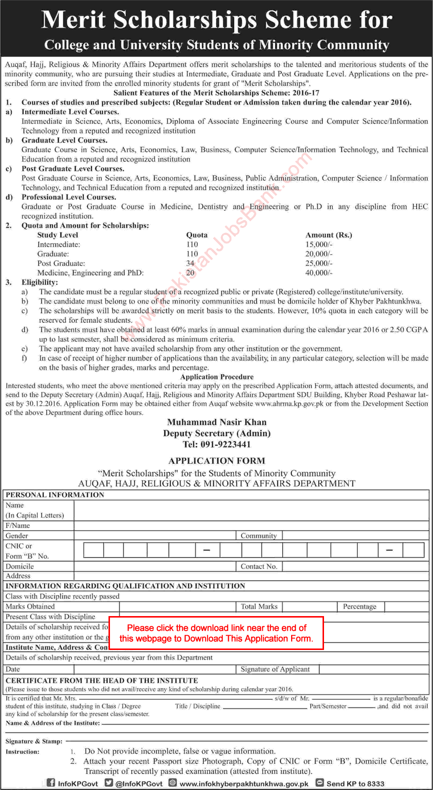 Minorities Affairs Department KPK Scholarships 2016 December Application Form for Minority Students Latest