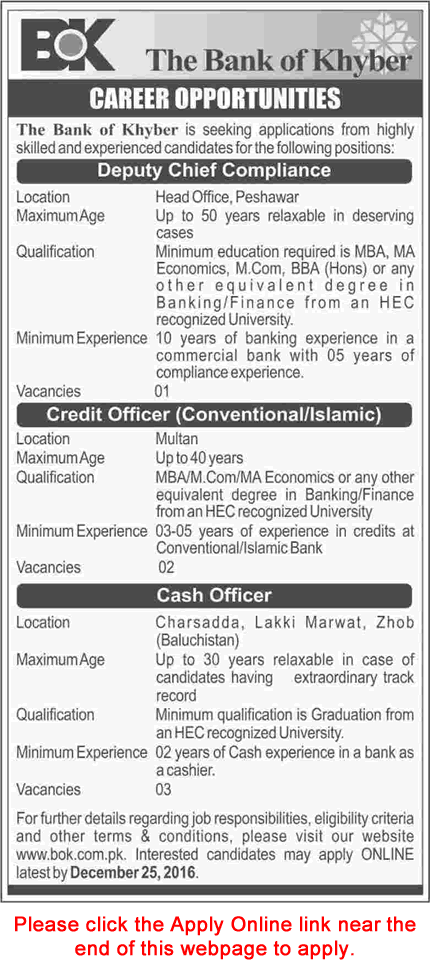 Bank of Khyber Jobs December 2016 Apply Online Cash Officers, Credit Officers & Deputy Chief Compliance Latest