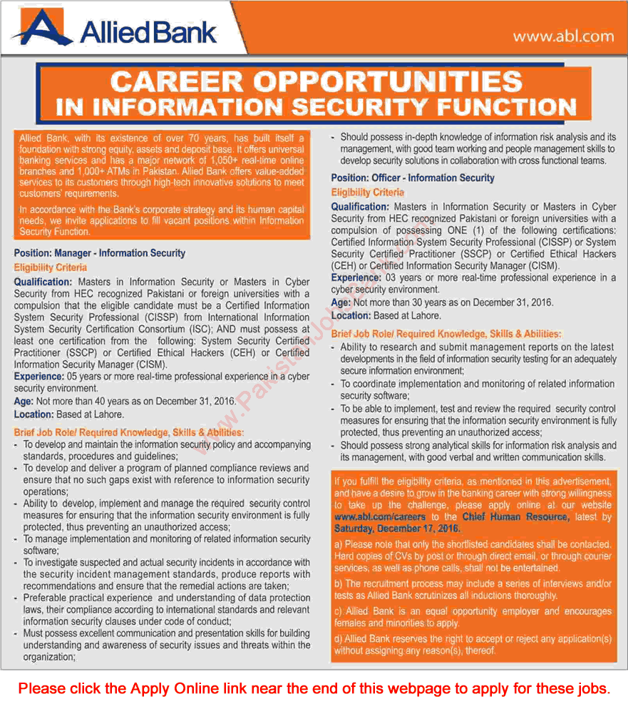 Allied Bank Jobs December 2016 Apply Online Information Security Officers & Managers Latest