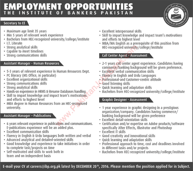 Institute of Bankers Pakistan Jobs 2016 December IBP Call Center Agent, Assistant Managers & Others Latest