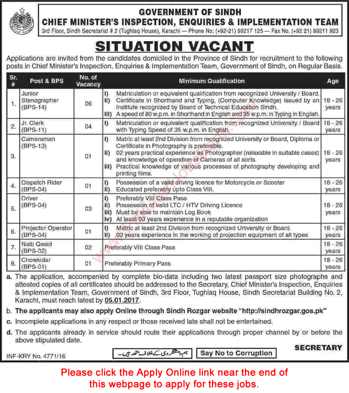 Chief Minister Inspection Team Sindh Jobs 2016 December Apply Online Stenographers, Clerks, Drivers & Others Latest