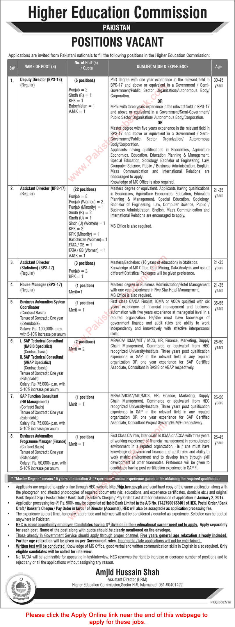 HEC Jobs December 2016 Apply Online Assistant Directors & Others Higher Education Commission Latest