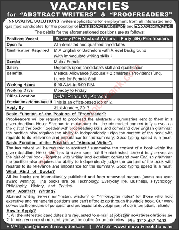 Abstract Writer & Proofreader Jobs in Karachi December 2016 at Innovative Solutions Latest