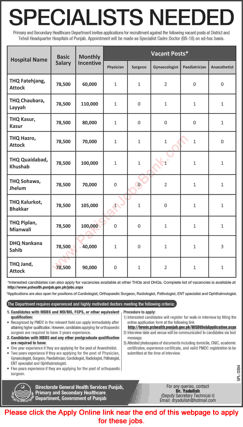 Specialist Doctor Jobs in Primary and Secondary Healthcare Department Punjab December 2016 Apply Online Latest