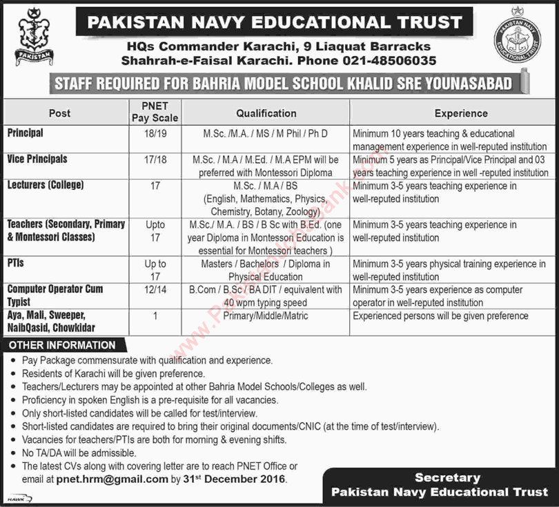 Pakistan Navy Educational Trust Karachi Jobs December 2016 Lecturers, Teachers & Others Latest