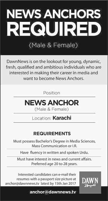 News Anchor Jobs in Dawn News Channel Karachi 2017 January Latest