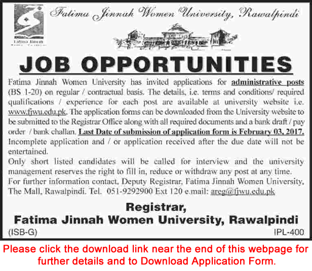 Fatima Jinnah Women University Rawalpindi Jobs 2017 Application Form Administrative Staff Latest