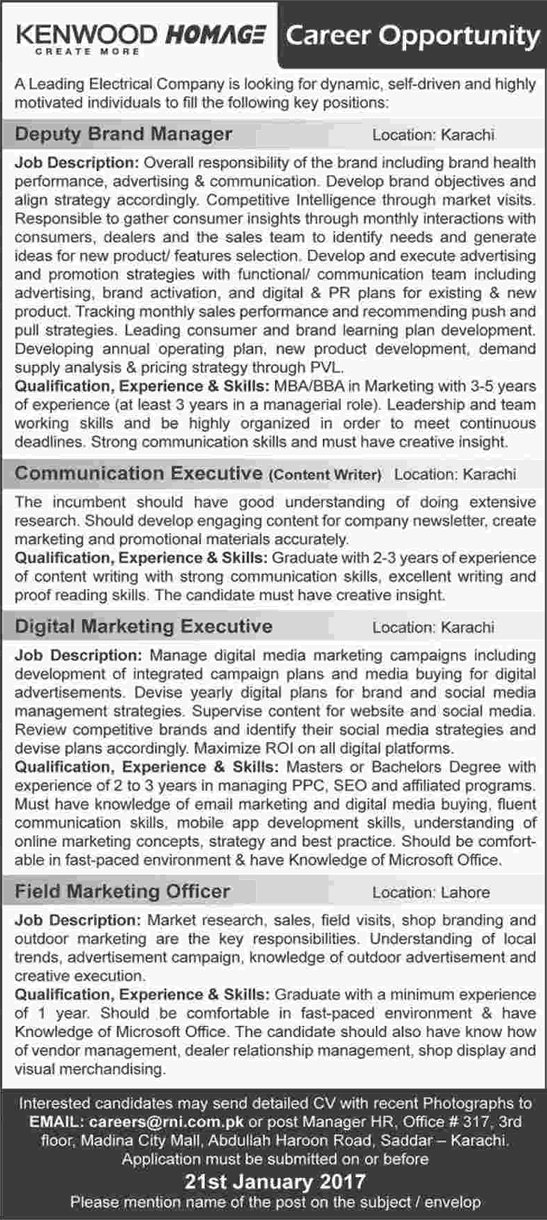 Electrical Company Jobs in Karachi / Lahore 2017 Marketing Officer, Communication Executive & Others Latest