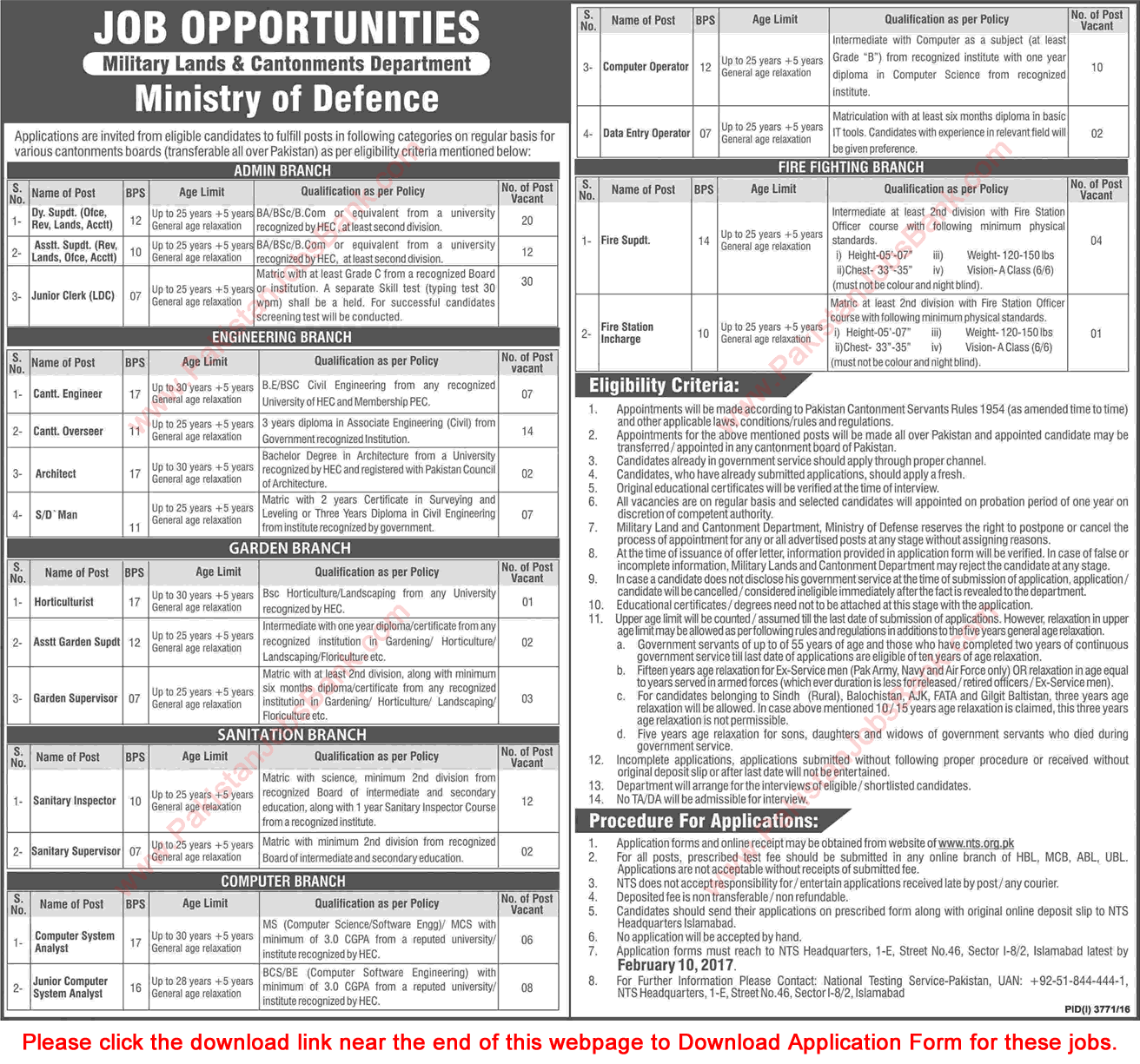 Military Lands and Cantonments Department Jobs 2017 NTS Application Form Download Latest
