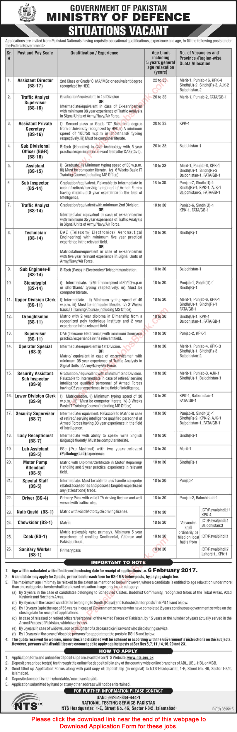 Ministry of Defence Jobs 2017 January Pakistan NTS Application Form Sub Inspectors, Assistants & Others Latest