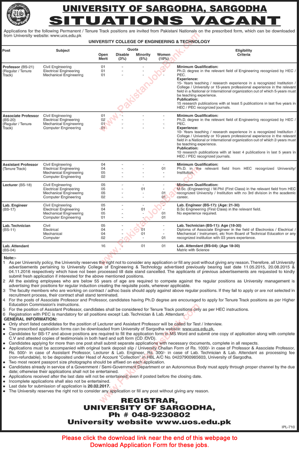 University of Sargodha Jobs 2017 January UOS Application Form Teaching Faculty & Others UCET Latest