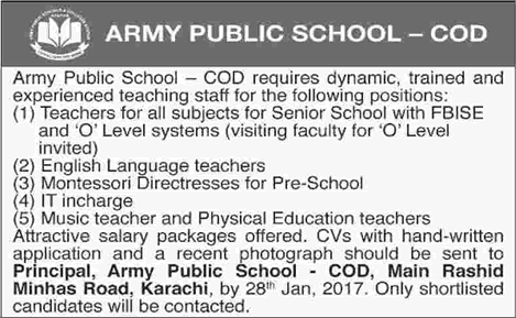 Army Public School COD Karachi Jobs 2017 Teachers, Montessori Directress & IT Incharge Latest
