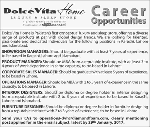 Dolce Vita Home Pakistan Jobs 2017 Showroom Managers, Interior Designers & Others Latest