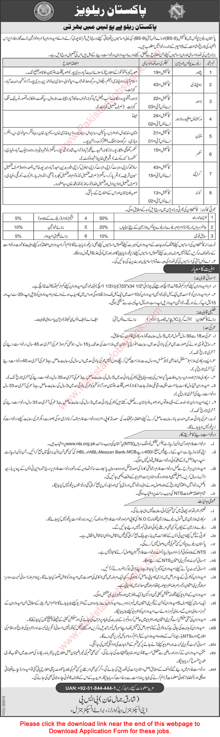 Pakistan Railway Police Jobs 2017 Constables & ASI NTS Application Form Download Latest / New