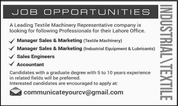 Accountant, Sales & Marketing Jobs in Lahore 2017 January at a Textile Company Latest