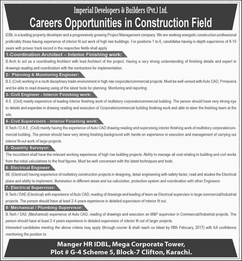 Imperial Developers and Builders Karachi Jobs 2017 Civil / Electrical Engineers, Supervisors & Others Latest