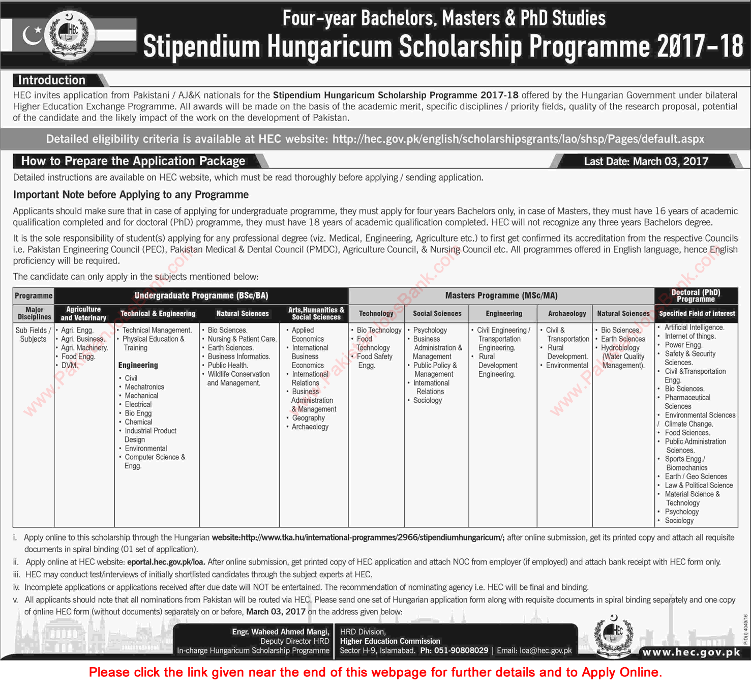 HEC Stipendium Hungaricum Scholarship Program 2017-18 Apply Online for 4 Years Bachelors, Masters & PhD Studies Latest