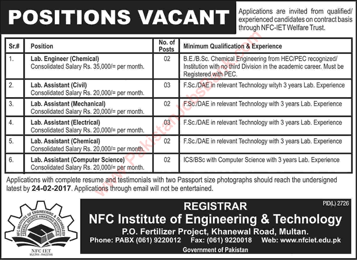 NFC IET Multan Jobs 2017 February Lab Assistants & Engineers National Fertilizer Corporation of Pakistan Latest